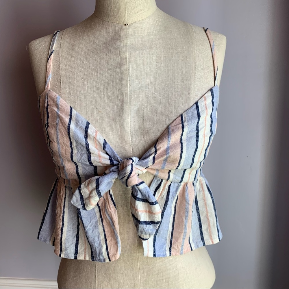 Forever 21 linen blend pastel striped tie front crop top with peplum Size Medium